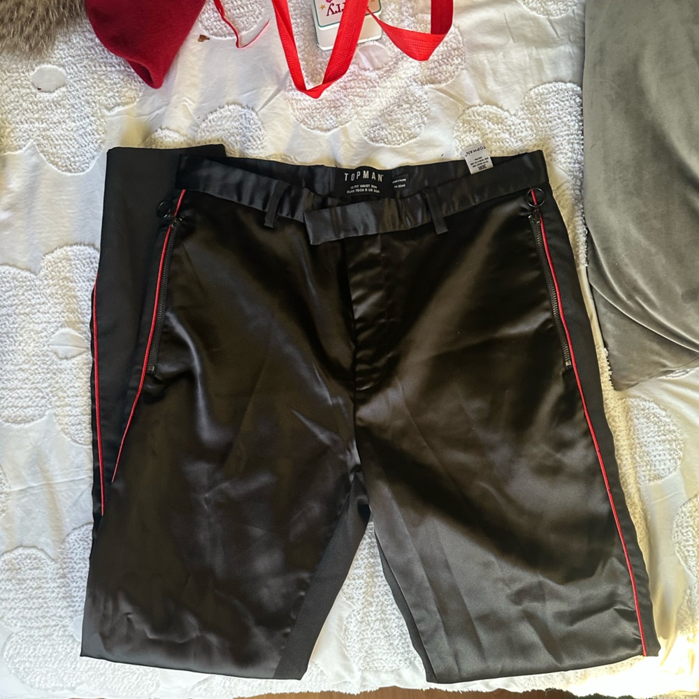 Hemmed Topman Black Pants with Red Side Accent